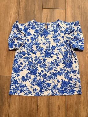 Blue Floral Puff Sleeve Women's Top